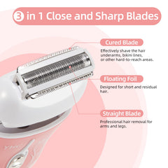 YHC Electric Razor for Women floating-blades close-up reveals three blades for close shave.