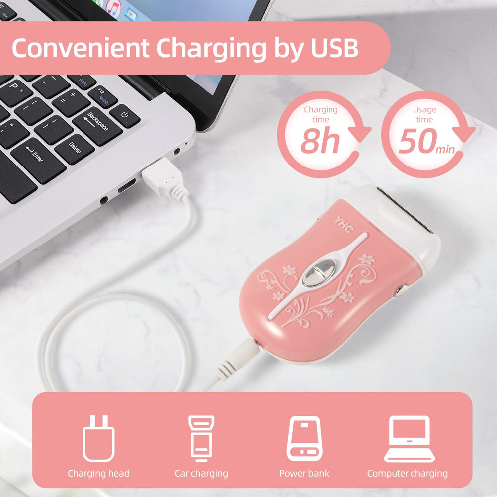 YHC Electric Razor for Women usb-charging demonstrates cordless power for on-the-go grooming.