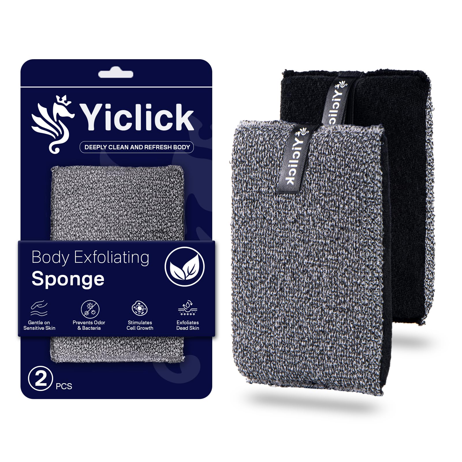Yiclick Exfoliating Body Scrubber pack front view dual texture for deeper cleansing