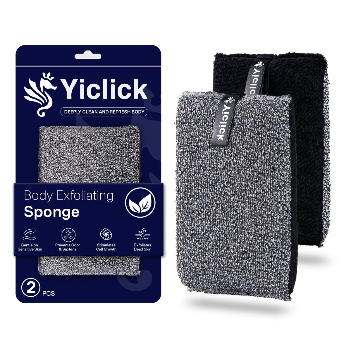 Yiclick Exfoliating Body Scrubber pack front view dual texture for deeper cleansing