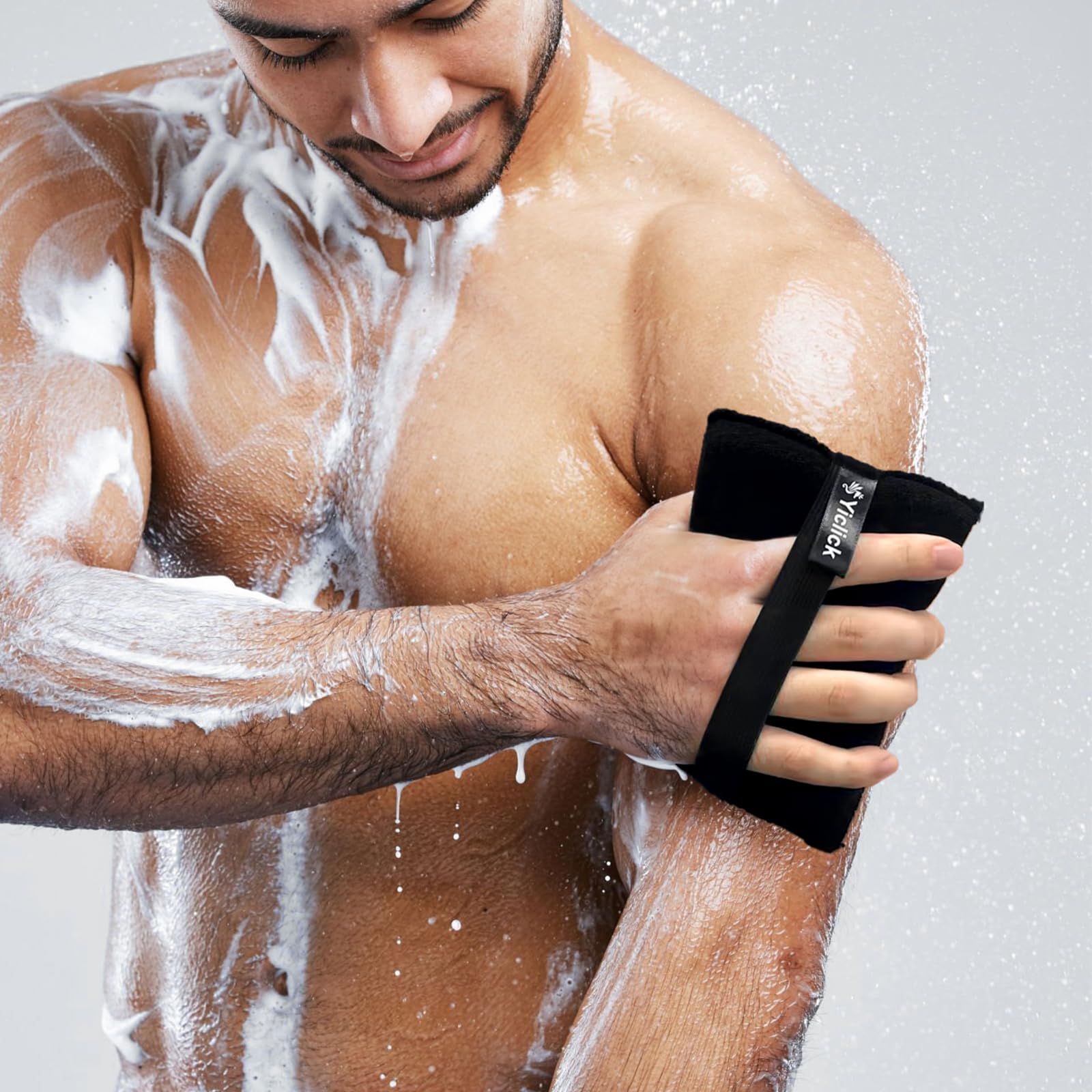 Yiclick Exfoliating Body Scrubber foamy lather with soap in shower