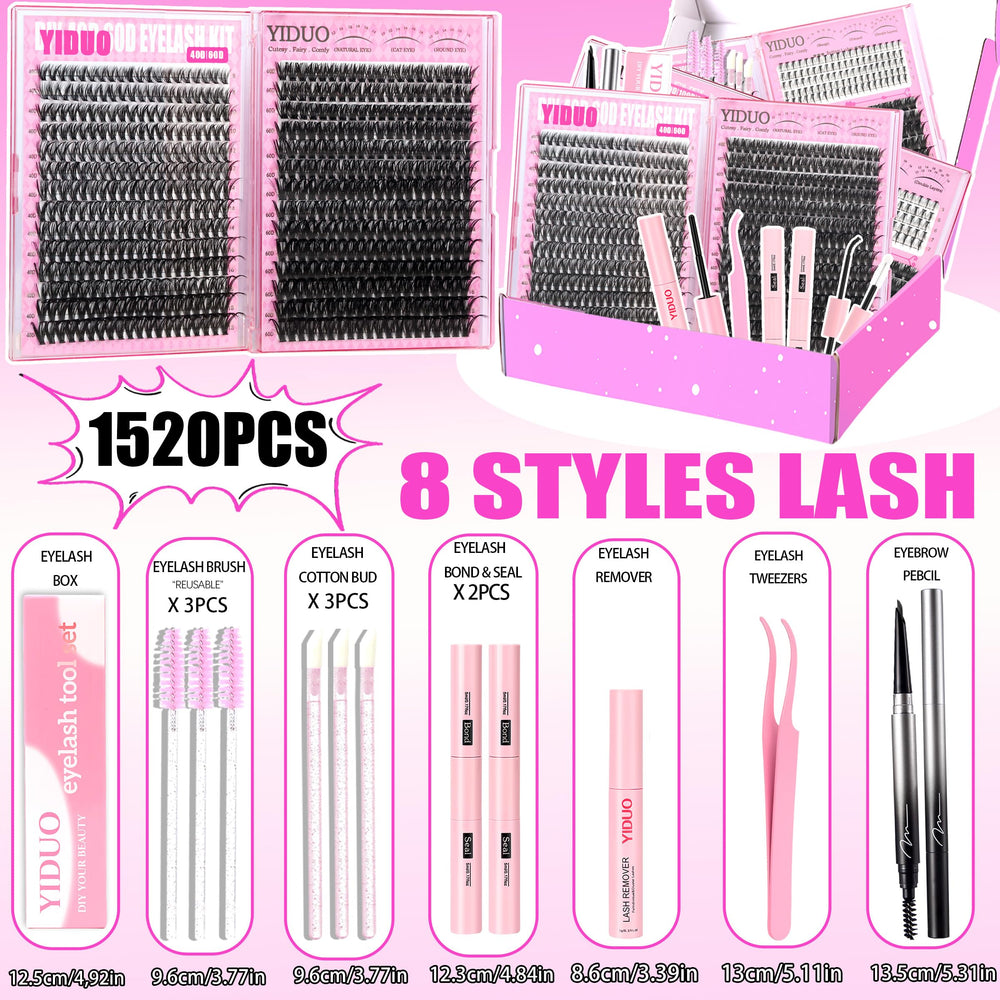 YIDUO 1520pcs cluster lashes collection showing variety of lengths and styles.