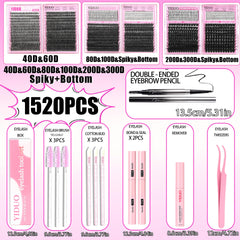 YIDUO 1520pcs cluster lashes collection showing variety of lengths and styles.