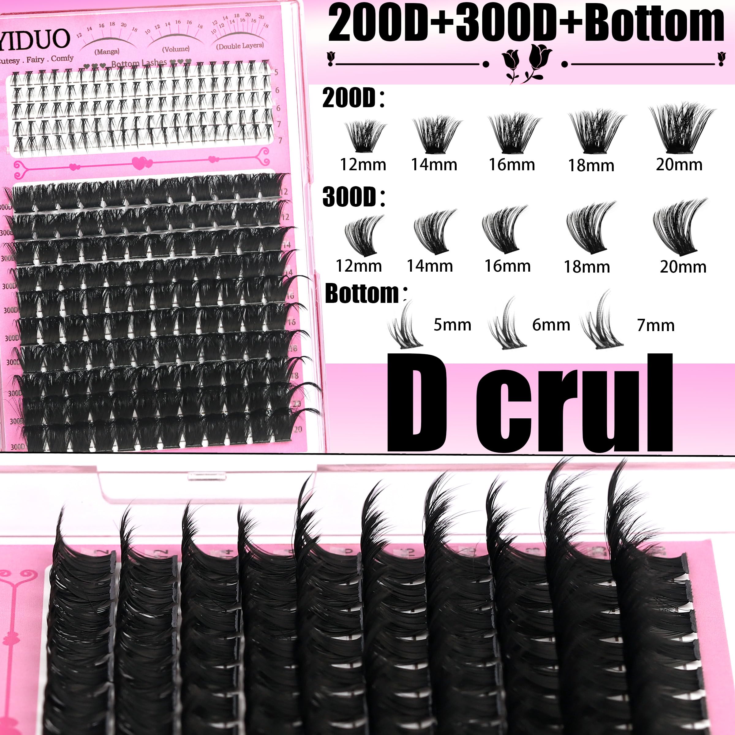 YIDUO D-curl lashes 80D-100D-200D-300D volume clusters for dramatic looks.