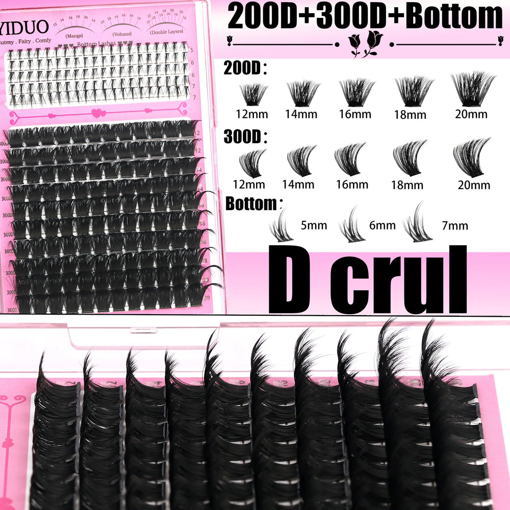 YIDUO D-curl lashes 80D-100D-200D-300D volume clusters for dramatic looks.
