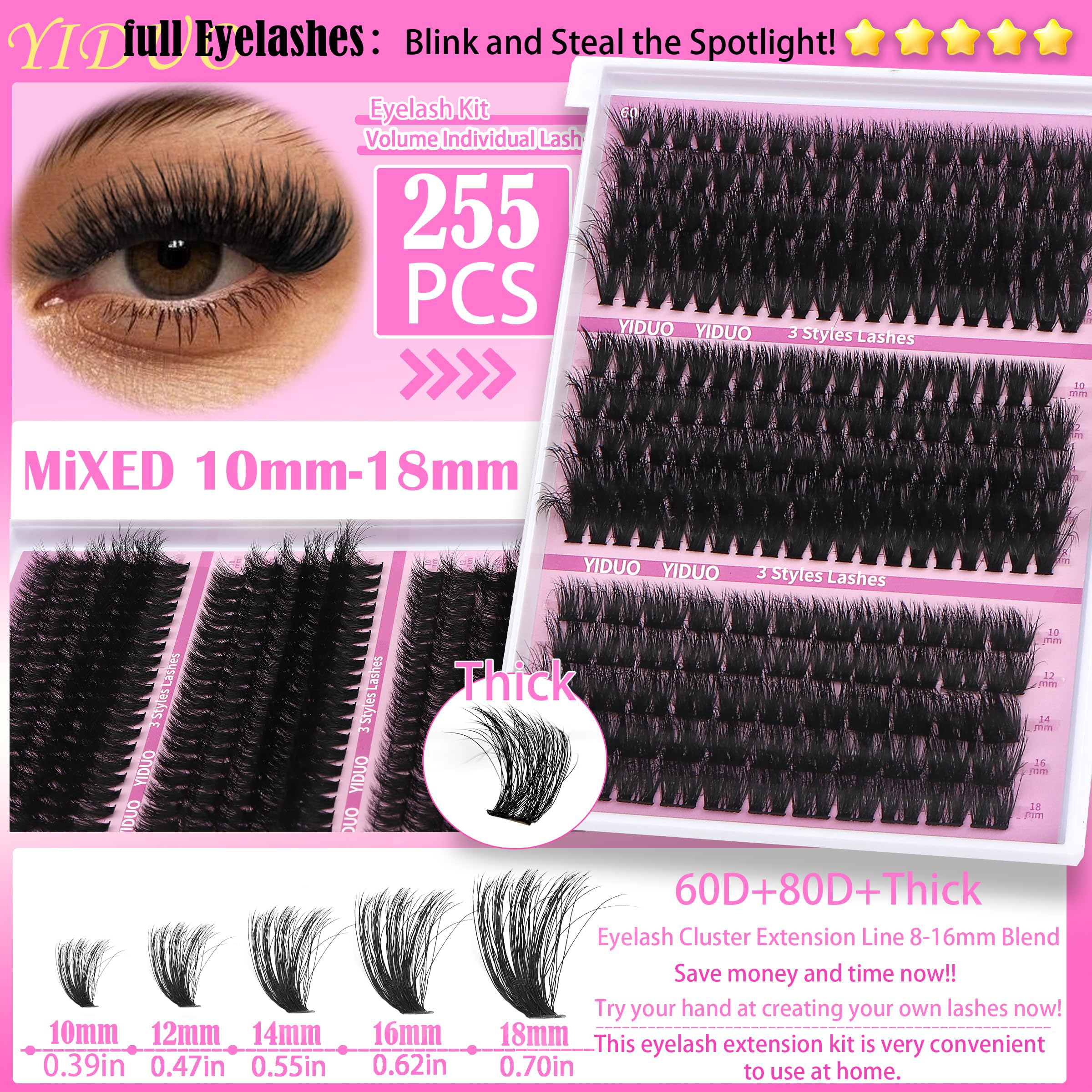YIDUO 835pcs clusters close-up showing lightweight, comfortable lashes.