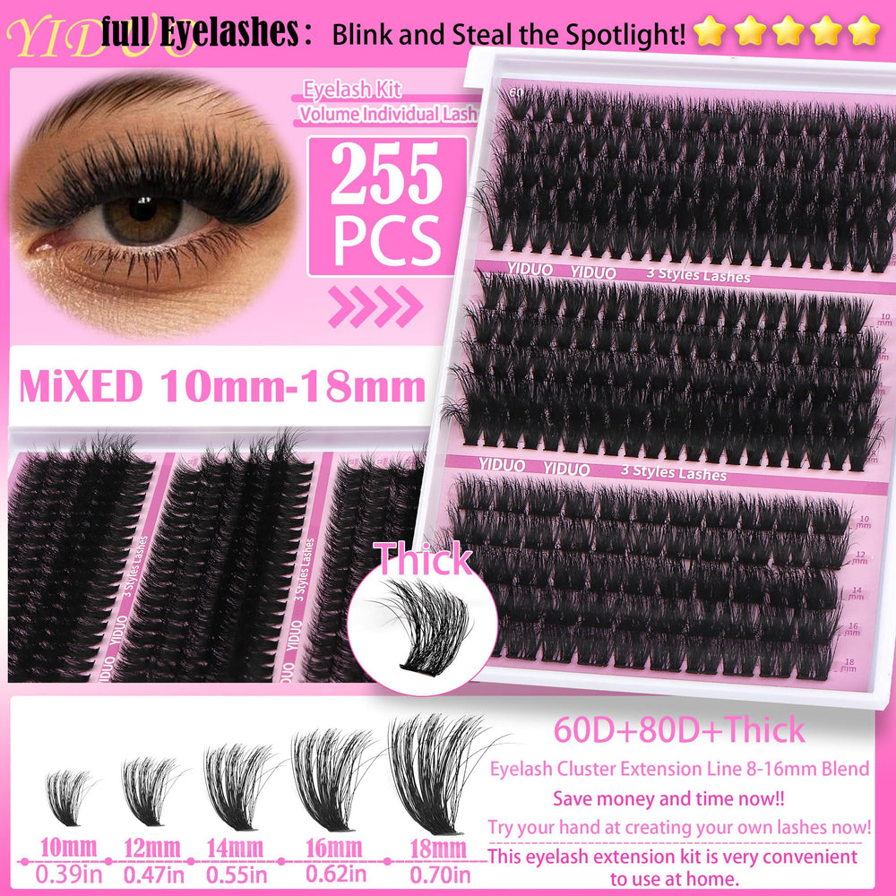 YIDUO 835pcs clusters close-up showing lightweight, comfortable lashes.
