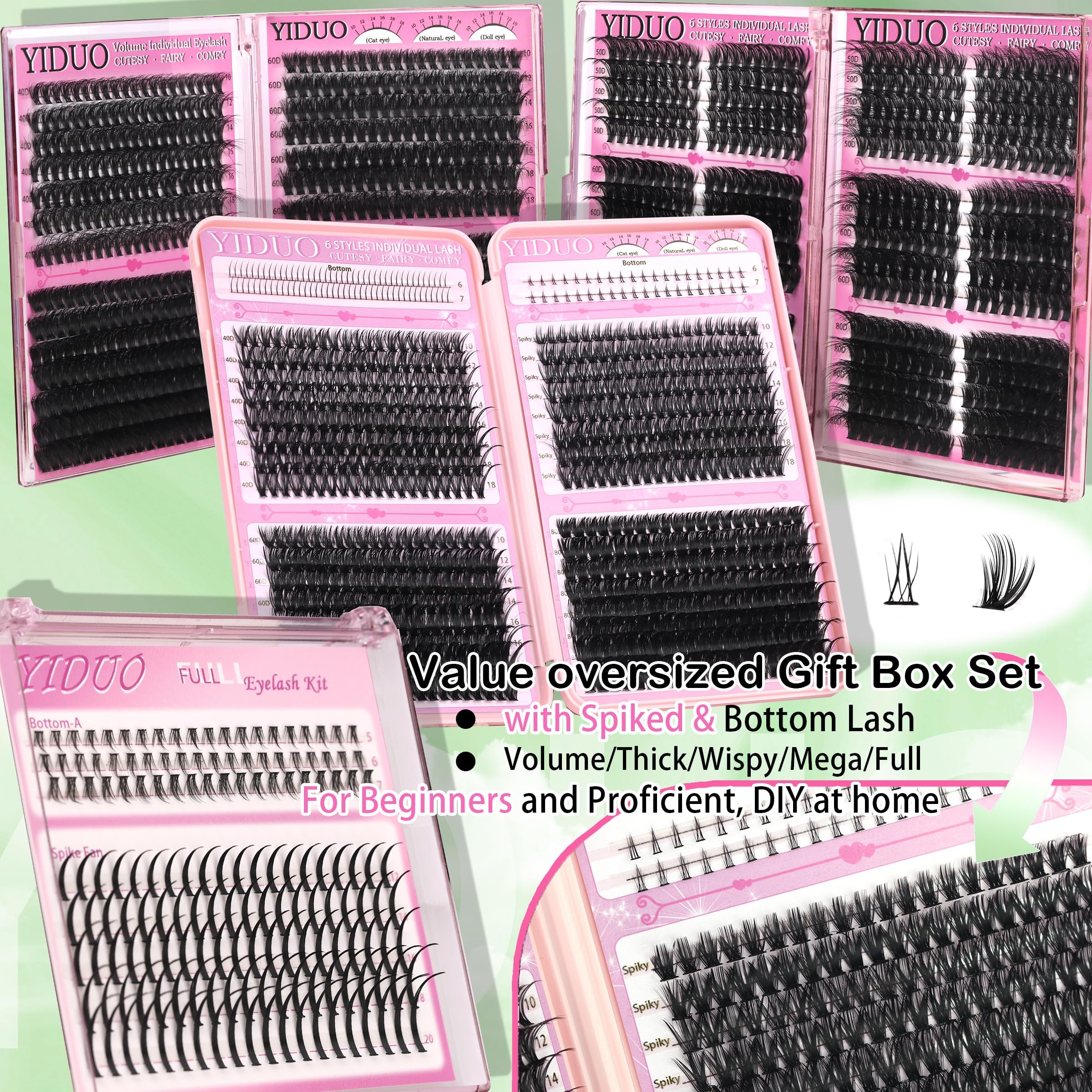 YIDUO 40D cluster lashes close-up showing natural wispy volume options.