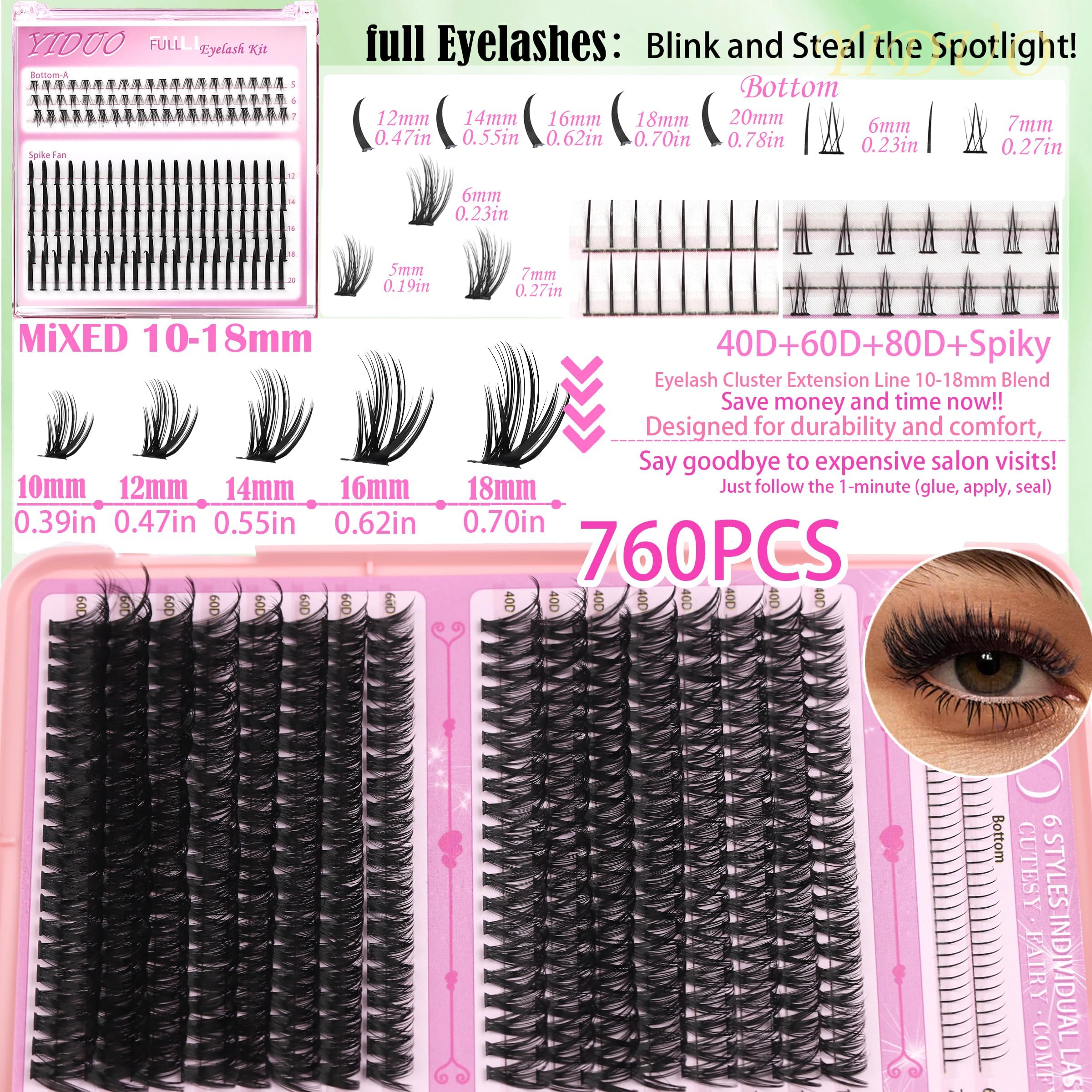 YIDUO 80D cluster lashes close-up emphasizing balanced curl and fullness.