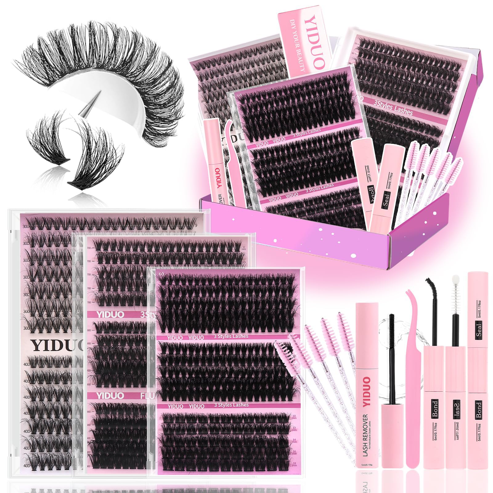 YIDUO Lashes Clusters Kit box front displaying 835pcs for at-home styling.