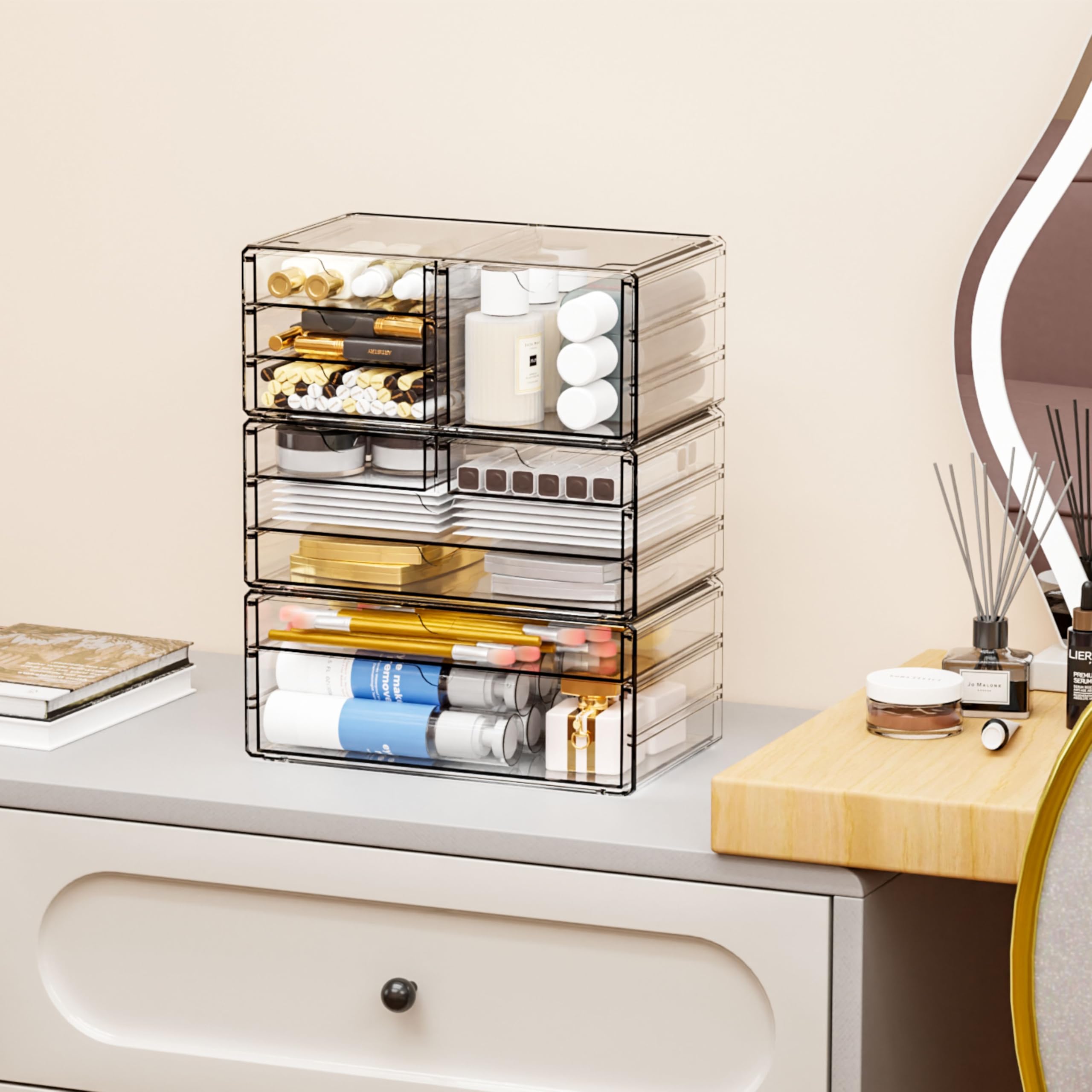 Yieach 3-pack clear storage drawers stackable design for flexible placement
