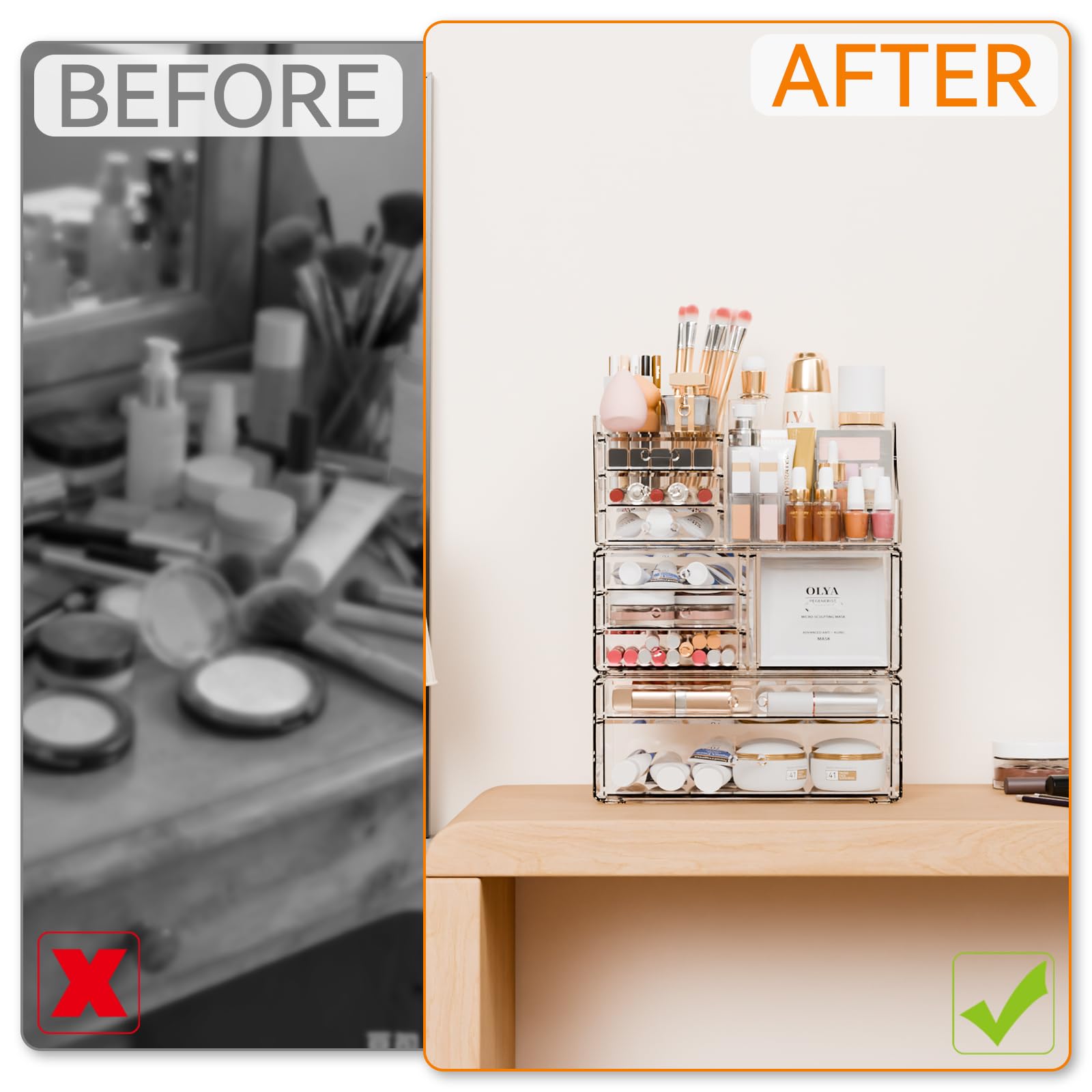 Yieach 3-pack clear makeup organizer brush holder keeps brushes upright.