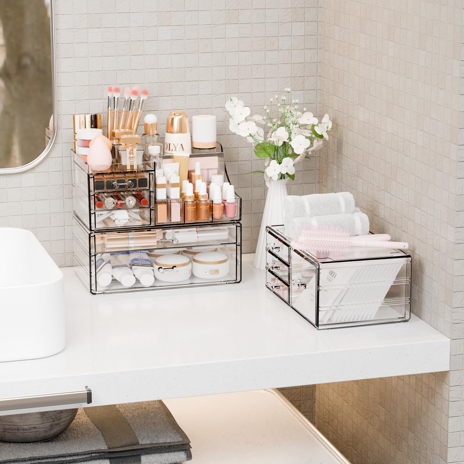 Yieach 3-pack clear makeup organizer dresser setup enhances vanity space.