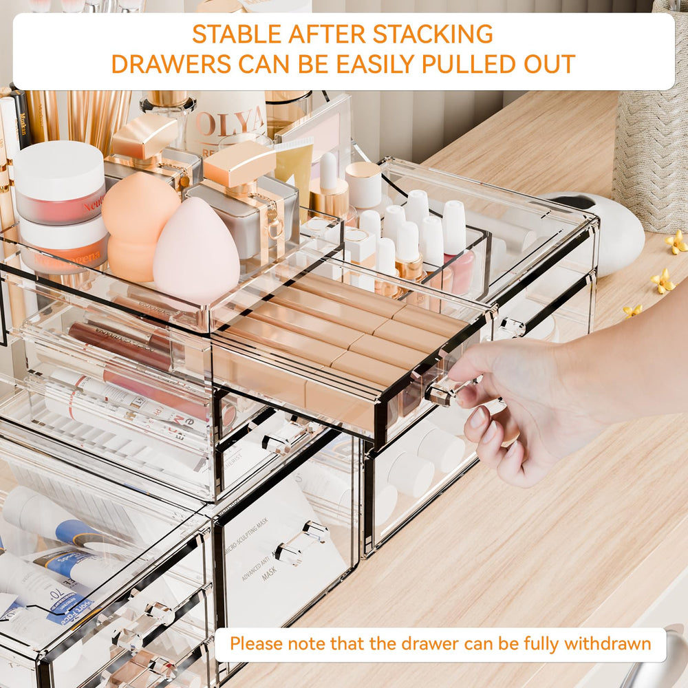 Yieach 3-pack clear makeup organizer large drawer fits foundations and serums.