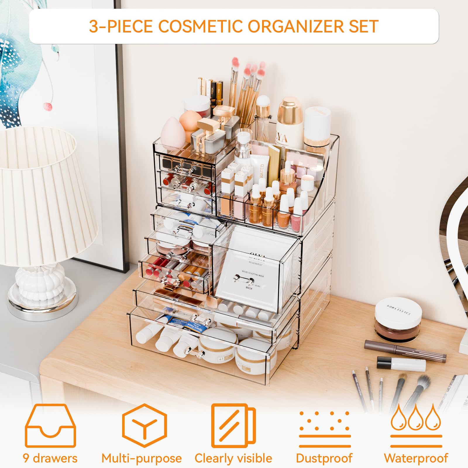 Yieach 3-pack clear makeup organizer medium drawer neatly stores palettes.