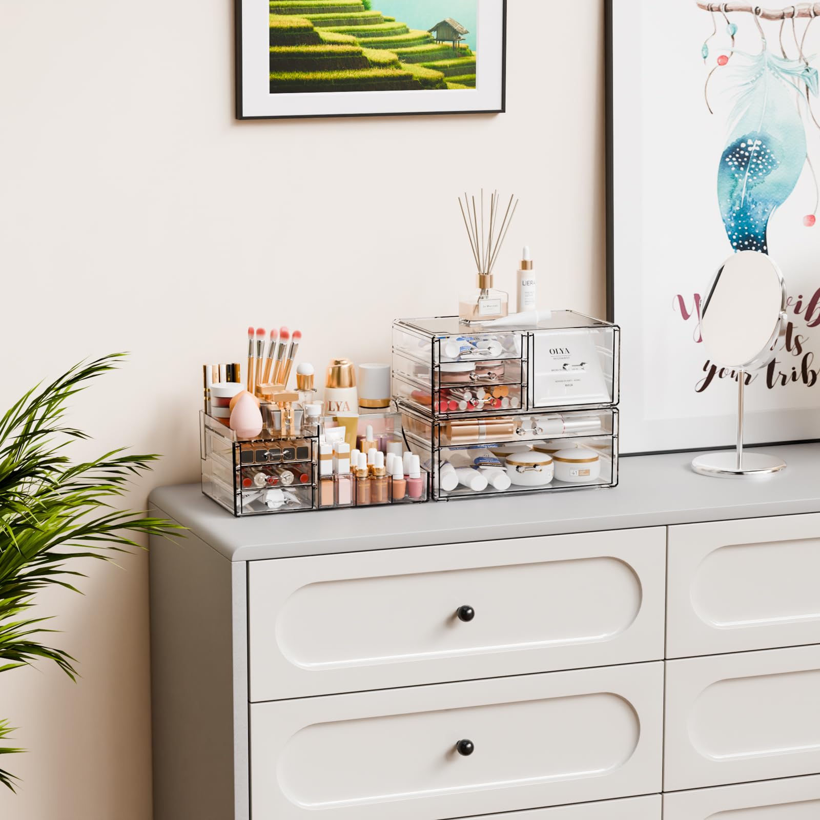 Yieach 3-pack clear makeup organizer skincare jars stay organized on shelf.
