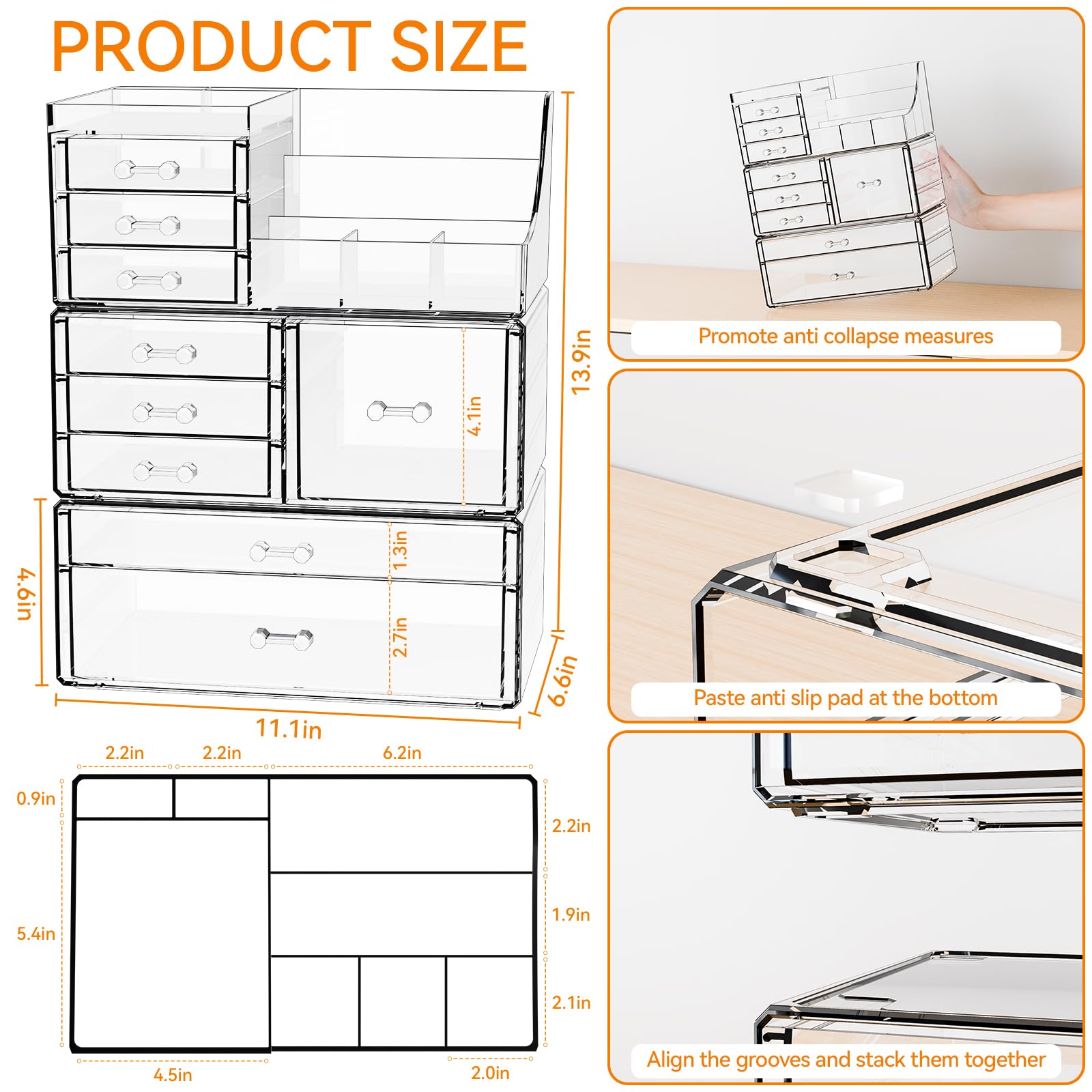 Yieach 3-pack clear makeup organizer small drawer stores brushes and liners.