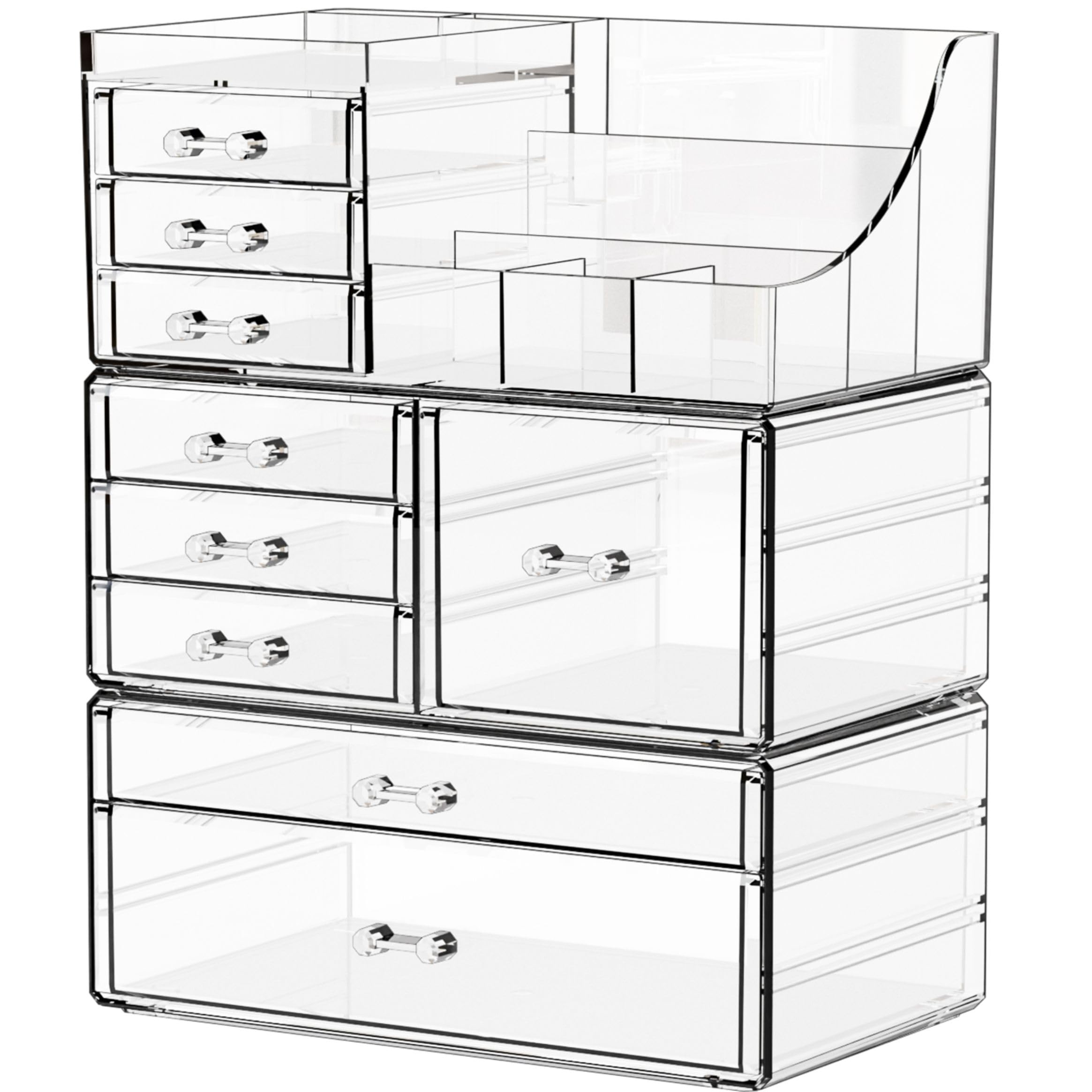 Yieach 3-pack clear makeup organizer top view keeps cosmetics at a glance.