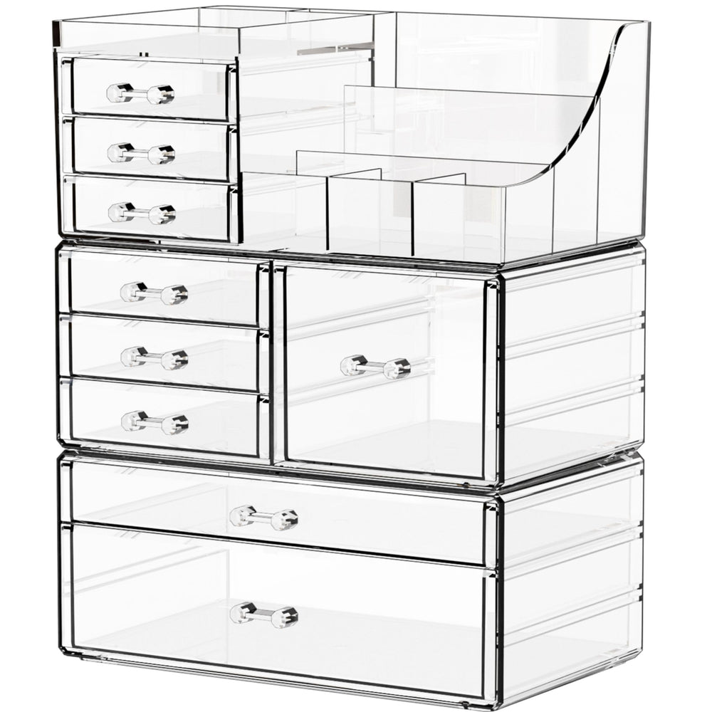 Yieach 3-pack clear makeup organizer top view keeps cosmetics at a glance.