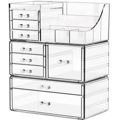 Yieach 3-pack clear makeup organizer top view keeps cosmetics at a glance.