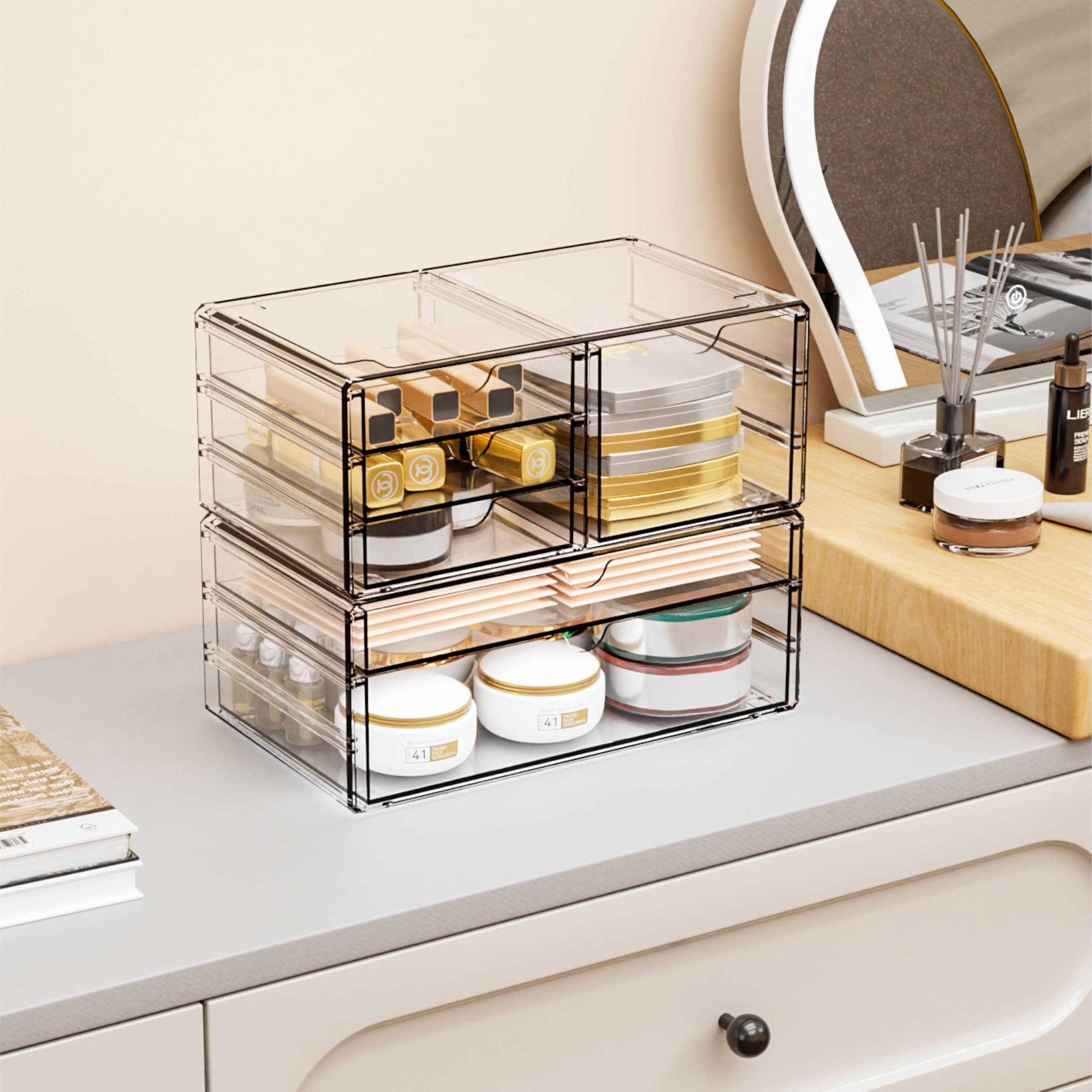Yieach acrylic drawer organizer six-drawer unit shown side-by-side for flexible countertop organization.
