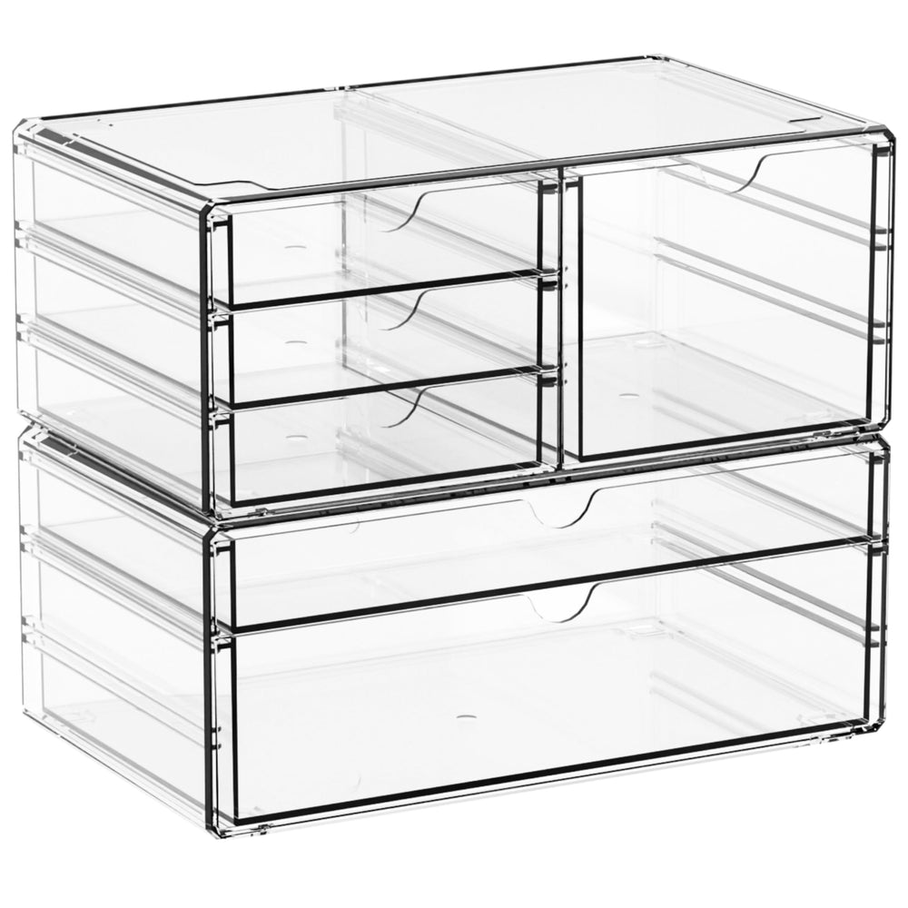 Yieach acrylic drawer organizer with six clear drawers shown from top view for tidy vanity storage.