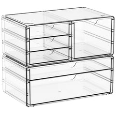 Yieach acrylic drawer organizer with six clear drawers shown from top view for tidy vanity storage.