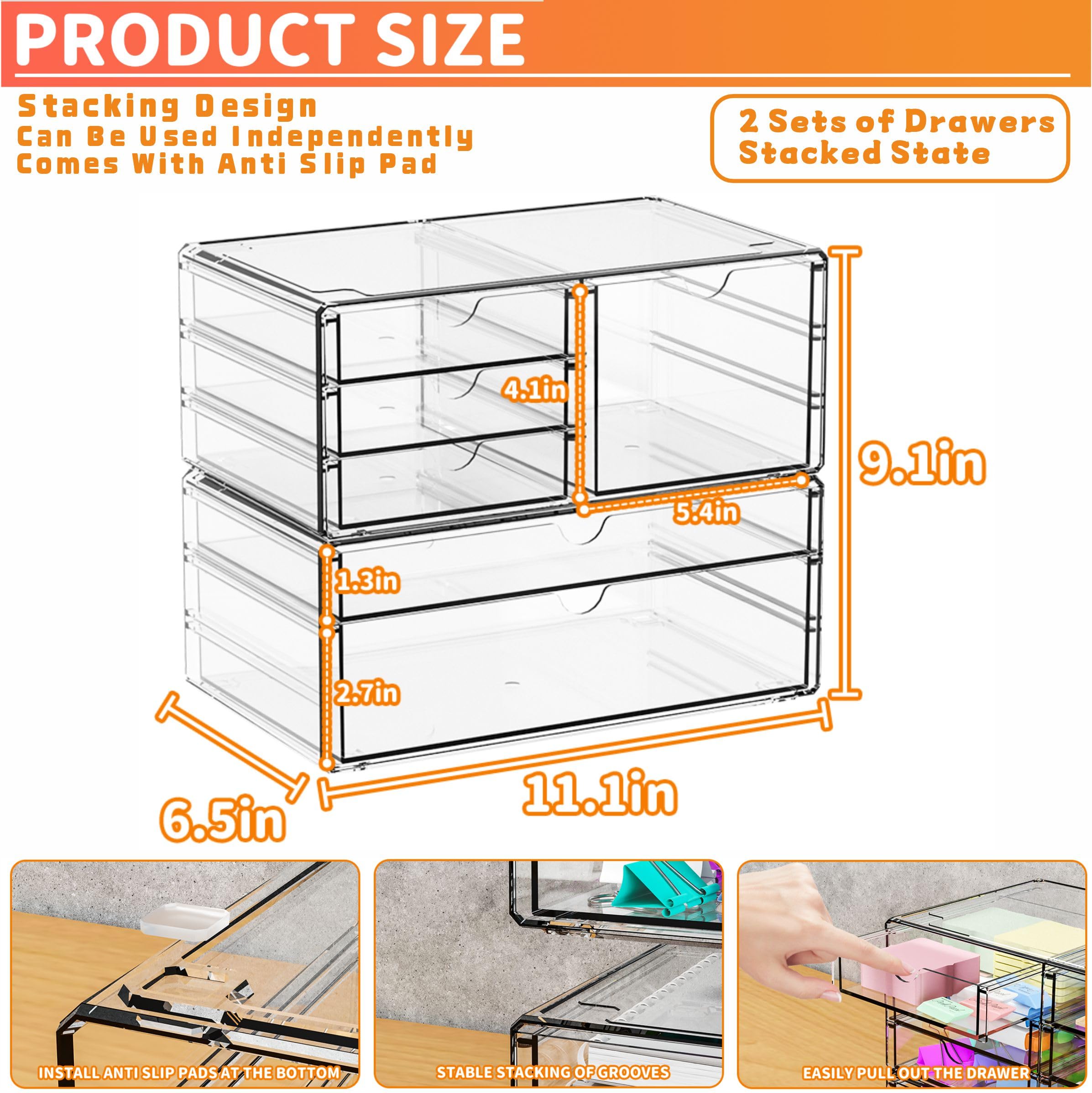 Yieach acrylic drawer organizer makeup collection on vanity demonstrates quick-access cosmetics storage.