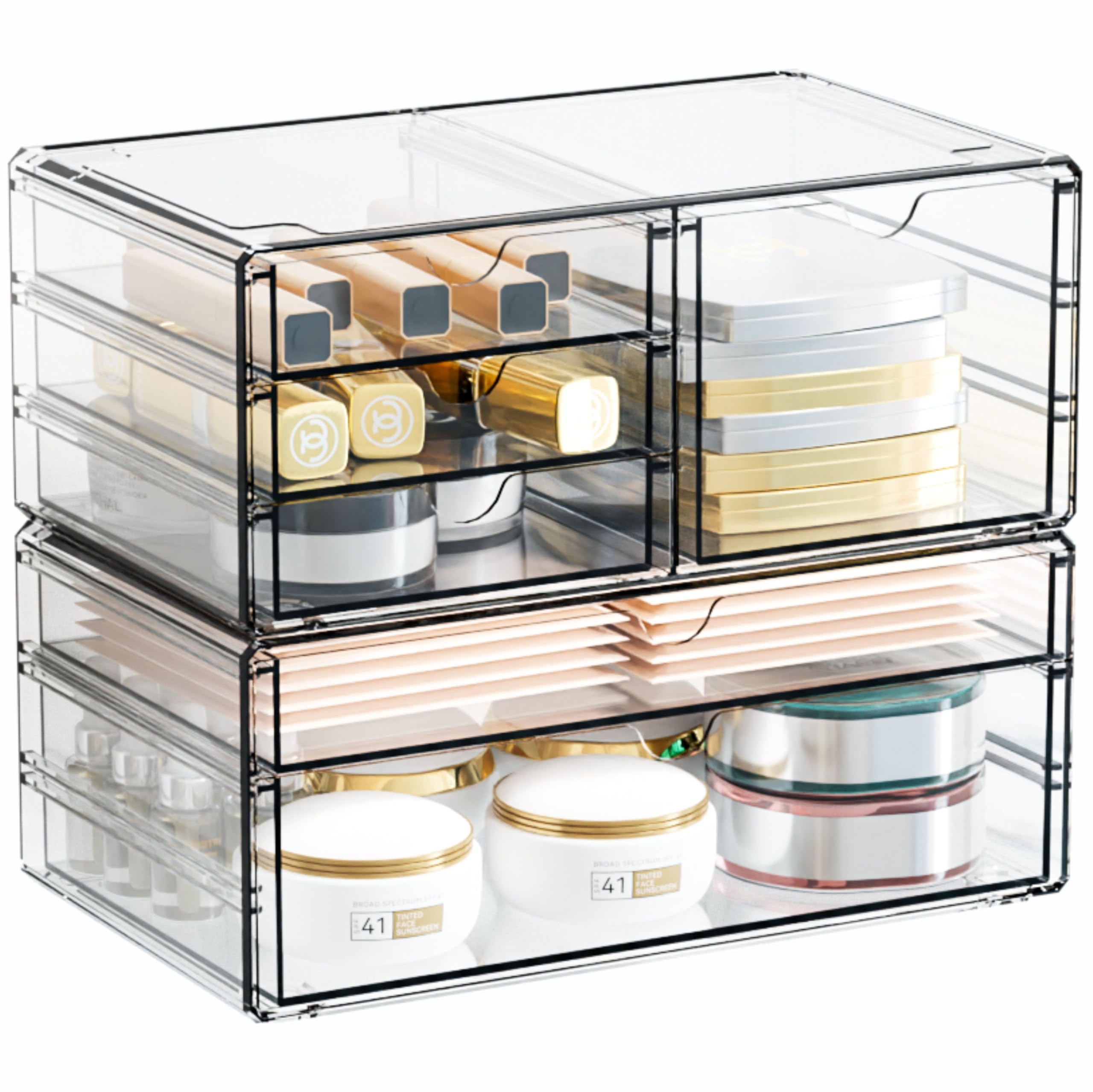 Yieach acrylic drawer organizer stackable setup demonstrates space-saving versatility.