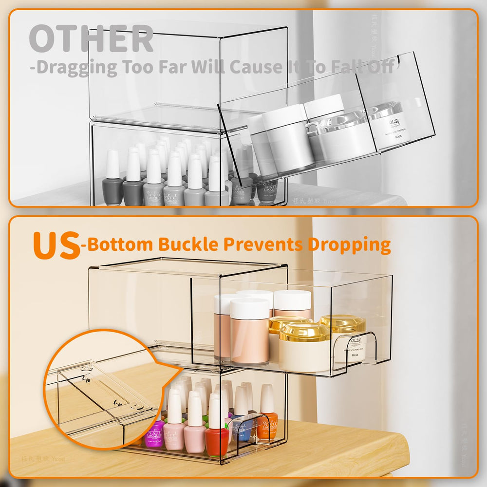 Yieach acrylic drawers positioned under sink for efficient use of space.