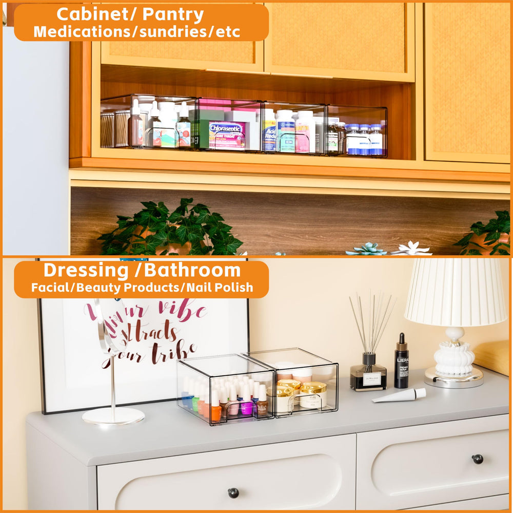 Yieach clear drawer organizer arranged in a kitchen setting.