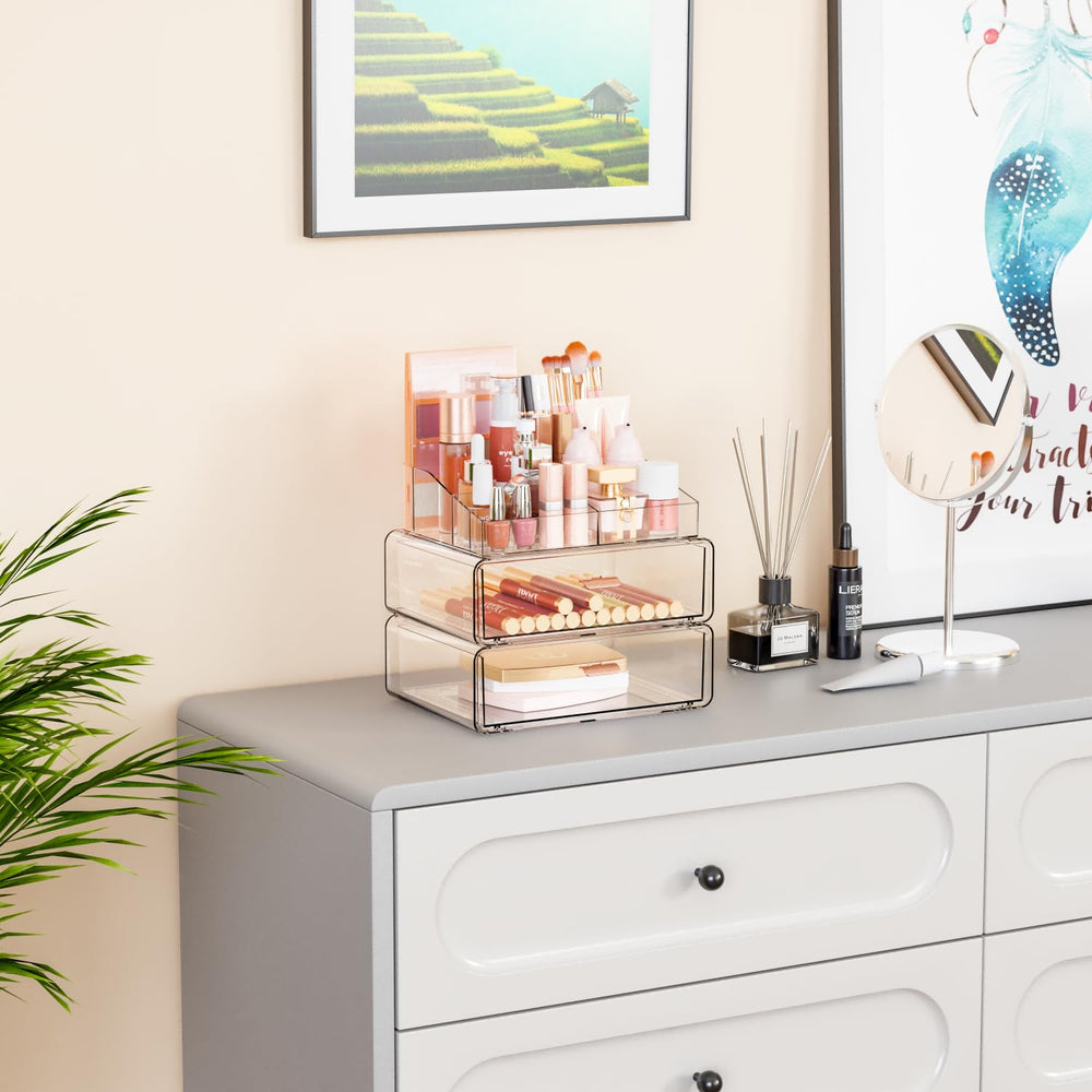 Yieach makeup organizer two-drawer design offers large capacity for skincare and makeup storage.