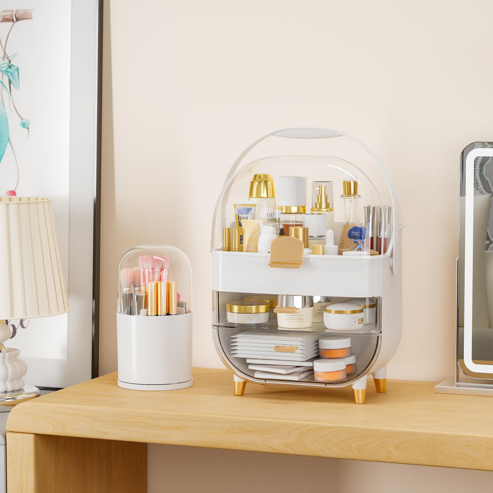 Portable handle enables easy relocation between vanity, bathroom, and travel