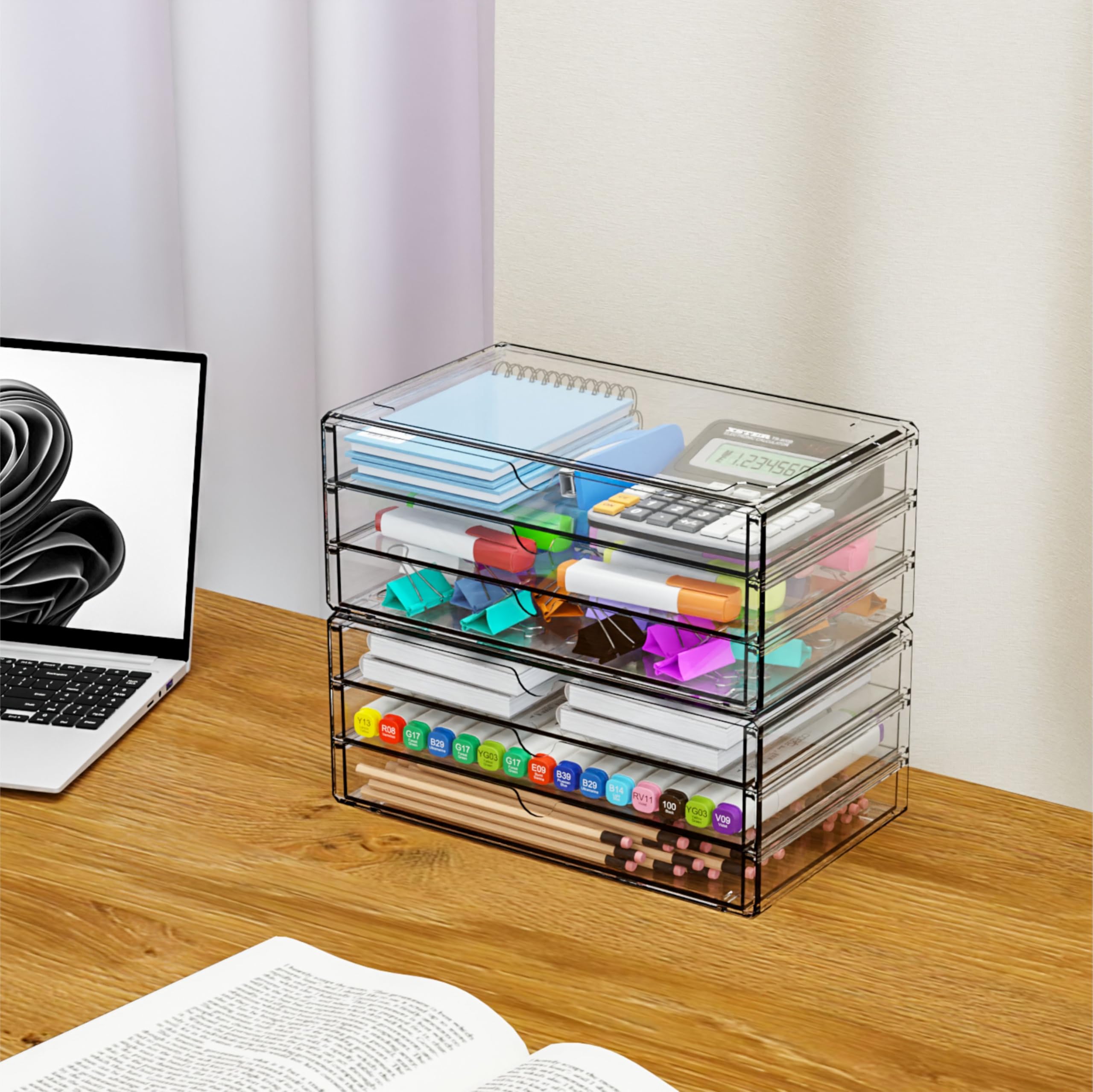 Yieach stackable desk organizer with clear drawers provides space-saving storage for cosmetics and office supplies.