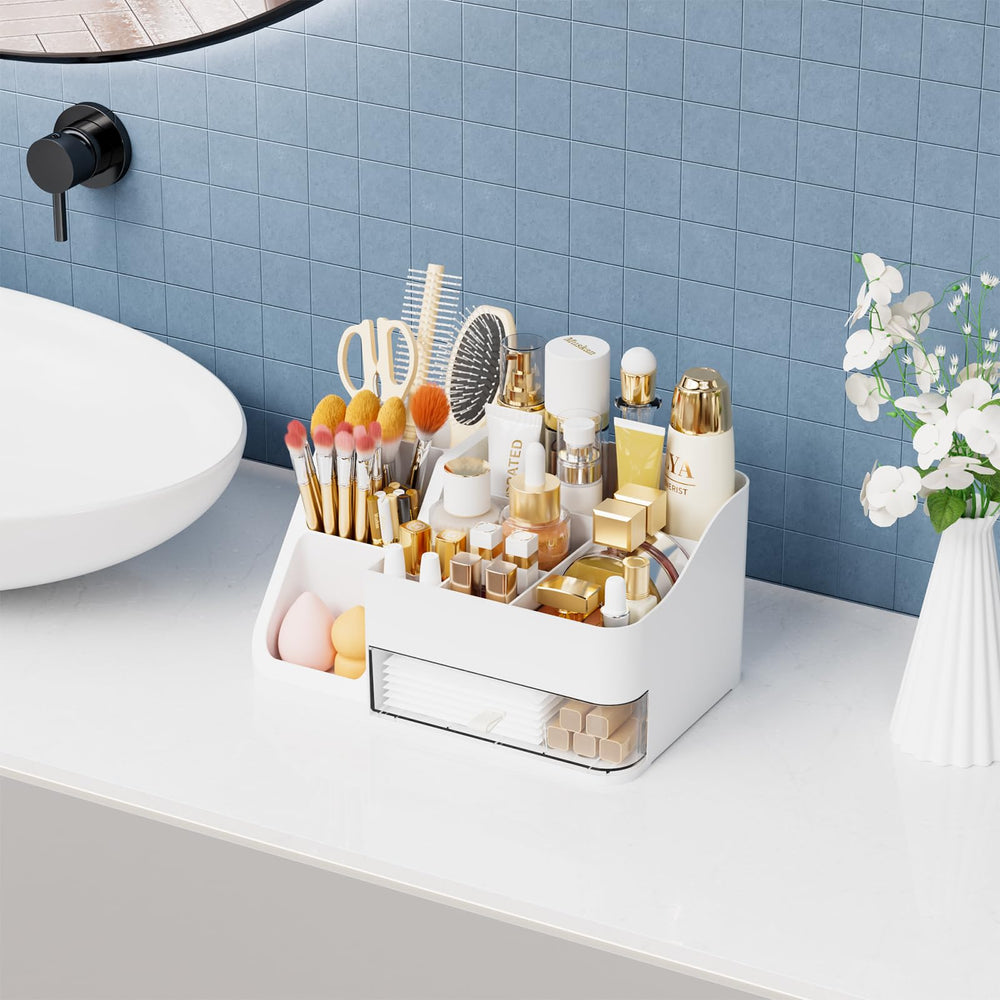 Yieach white makeup organizer clear drawer shows contents at a glance for faster routines