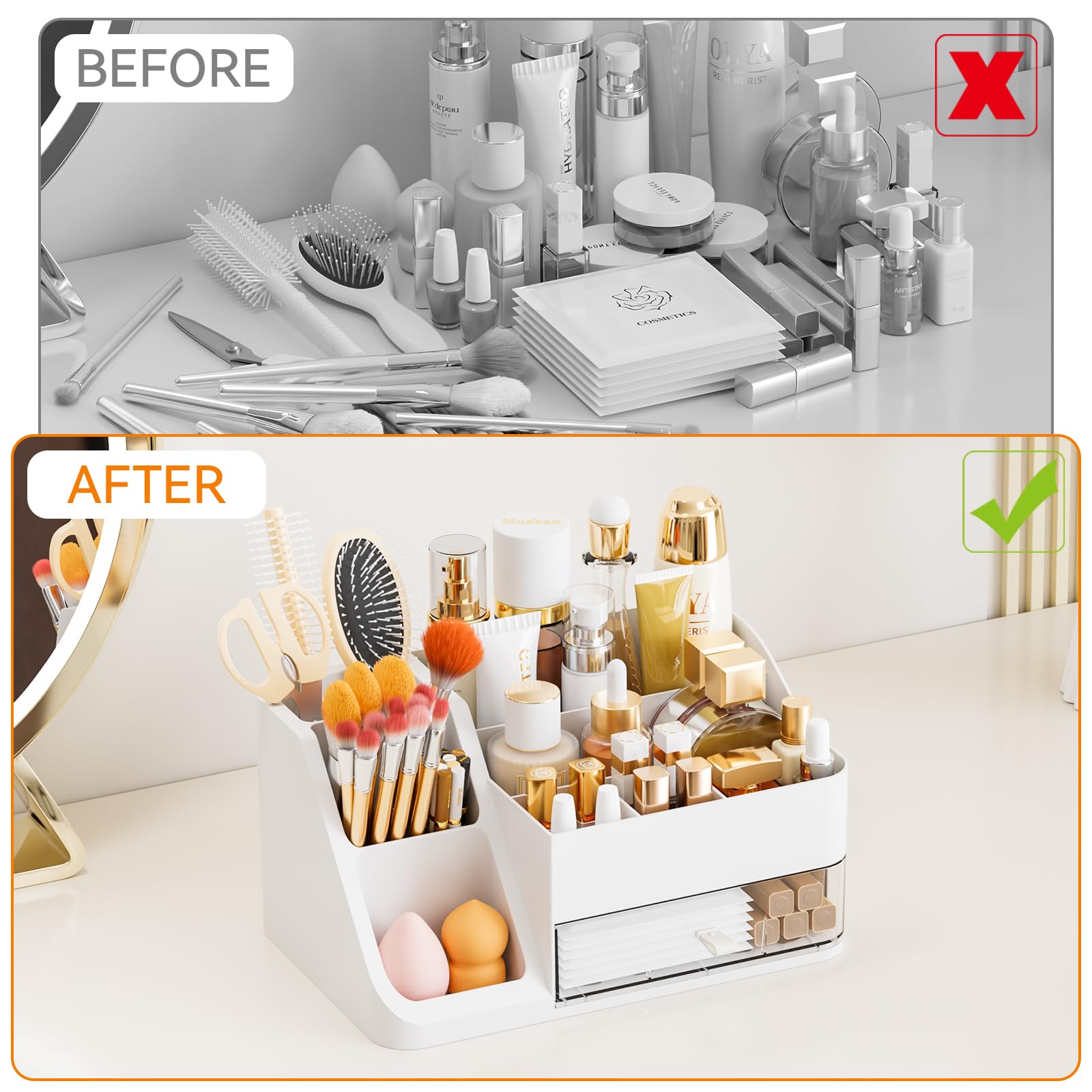 Yieach white makeup organizer large capacity holds 40+ items like lipsticks and perfumes