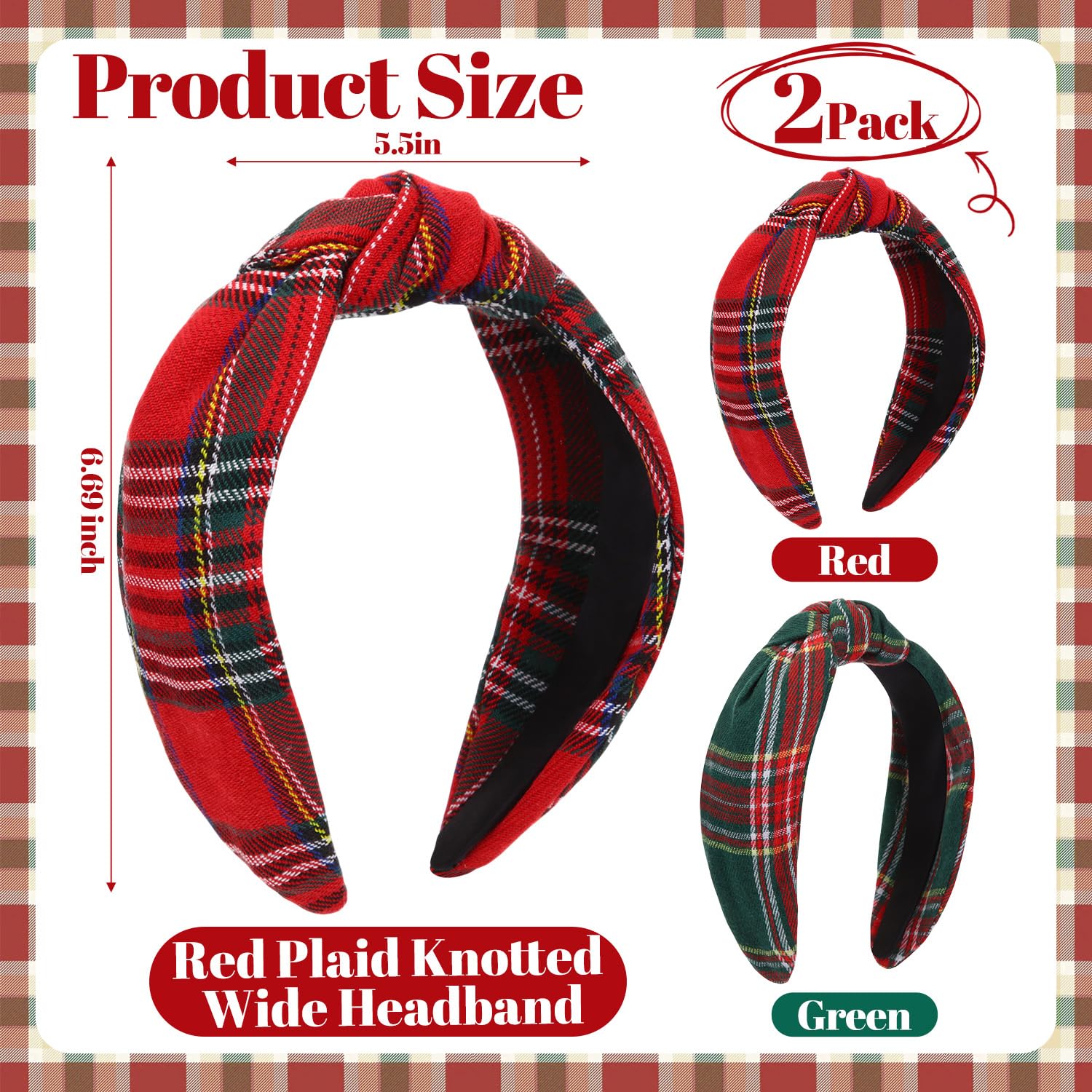 Yilloog knotted plaid headbands in red and green for holiday looks and photos.