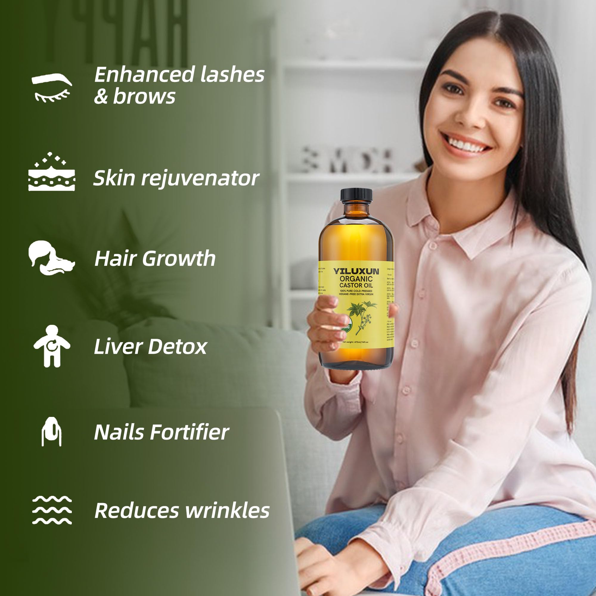 YILUXUN 16oz organic castor oil in a clear hexane-free glass bottle