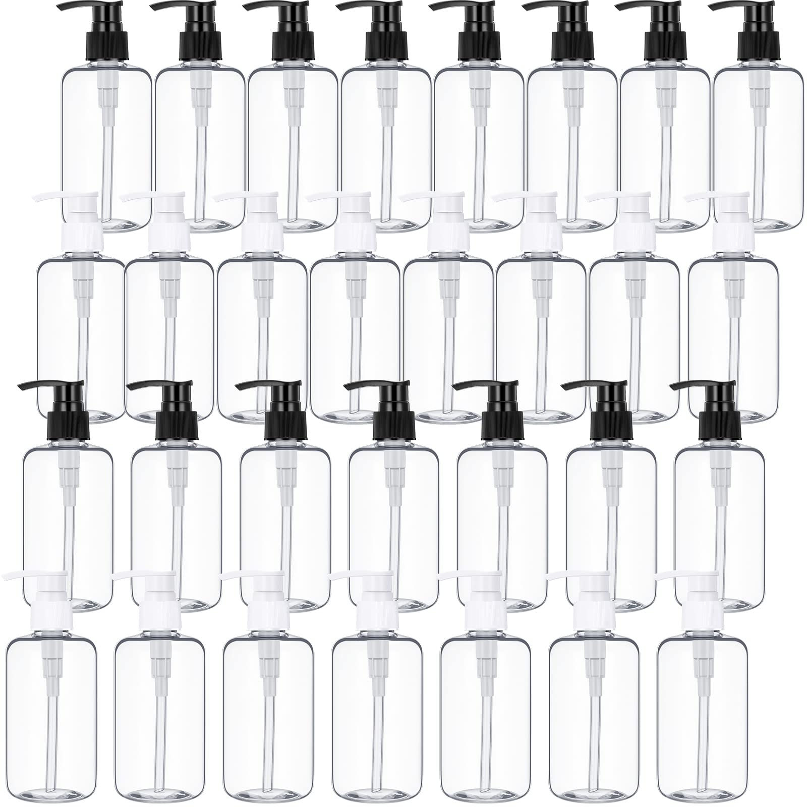 Yinder 30-pack 10oz pump bottles in clear design for travel organization