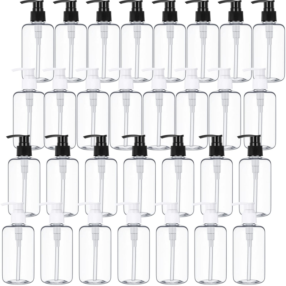 Yinder 30-pack 10oz pump bottles in clear design for travel organization