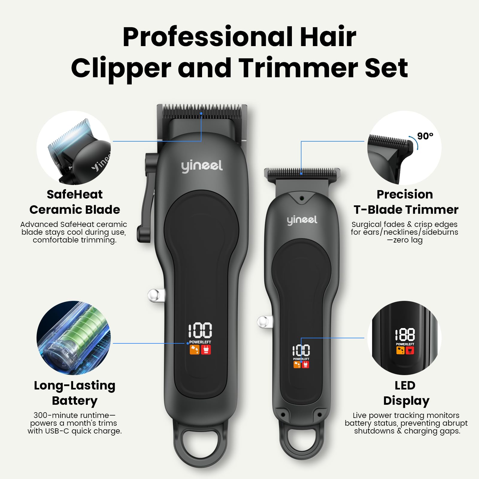 Yineel hair clippers side view highlights lightweight balance for extended trimming sessions