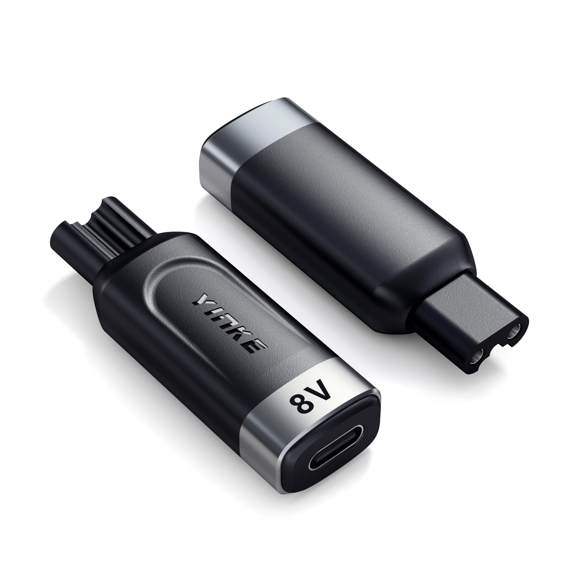 Yinke 8V Type-C Shaver Adapter front view showcasing compact travel-ready design