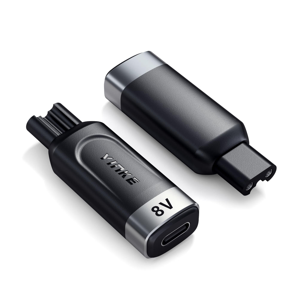 Yinke 8V Type-C Shaver Adapter front view showcasing compact travel-ready design
