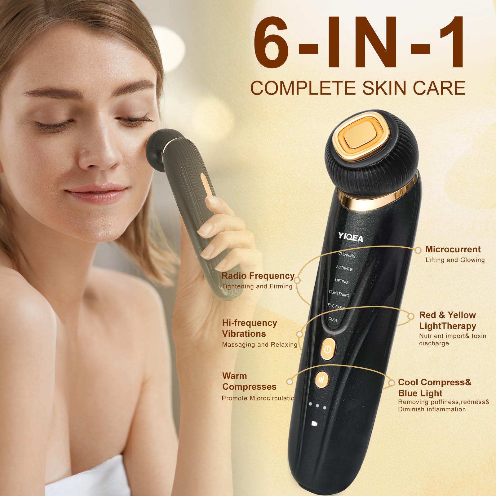 YIQEA Facial Massager 6in1 design highlights a sleek handheld tool for easy daily use.