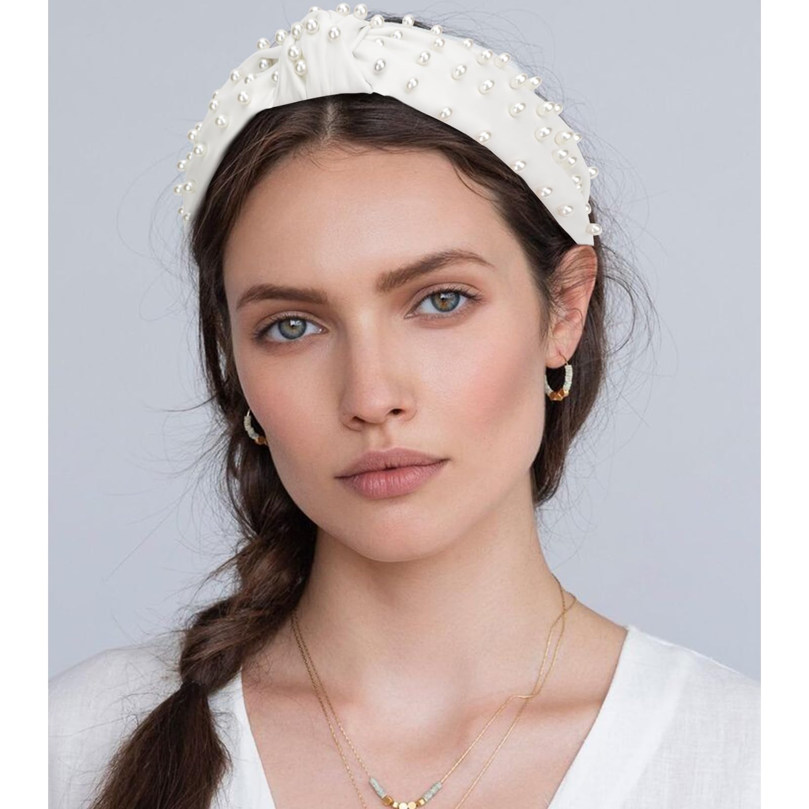 YISSION pearl-knotted headband leather material detail shows durable PU