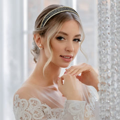 YISSION rhinestone headband silver being worn to illustrate comfortable, pinch-free fit