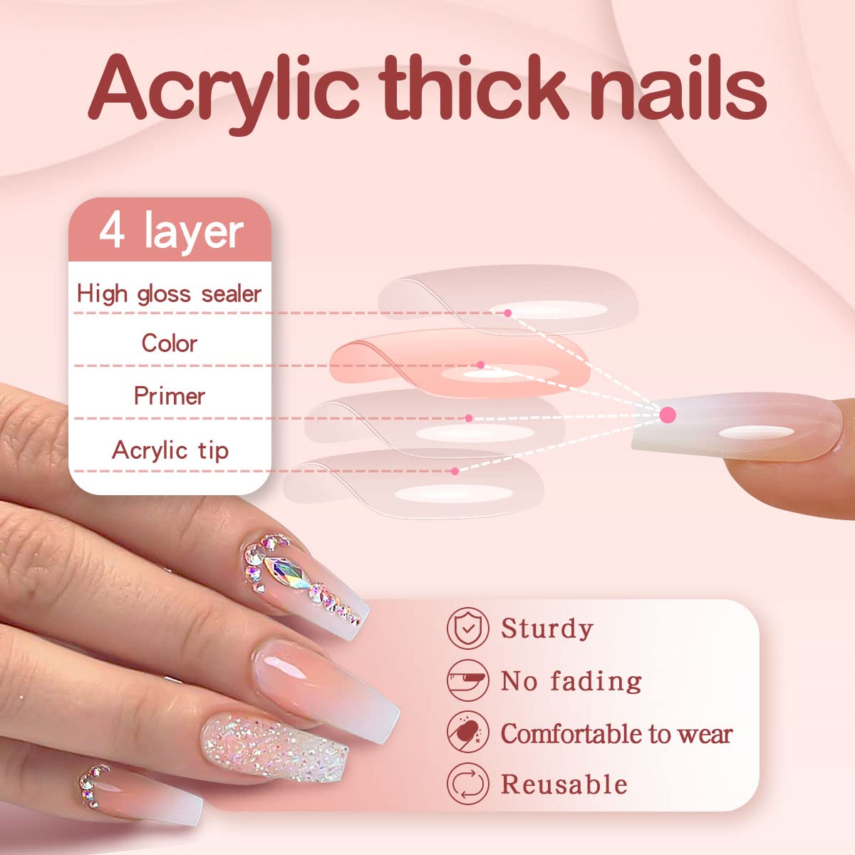 Yivaiks rhinestone ballerina nails close-up for luxe party look.