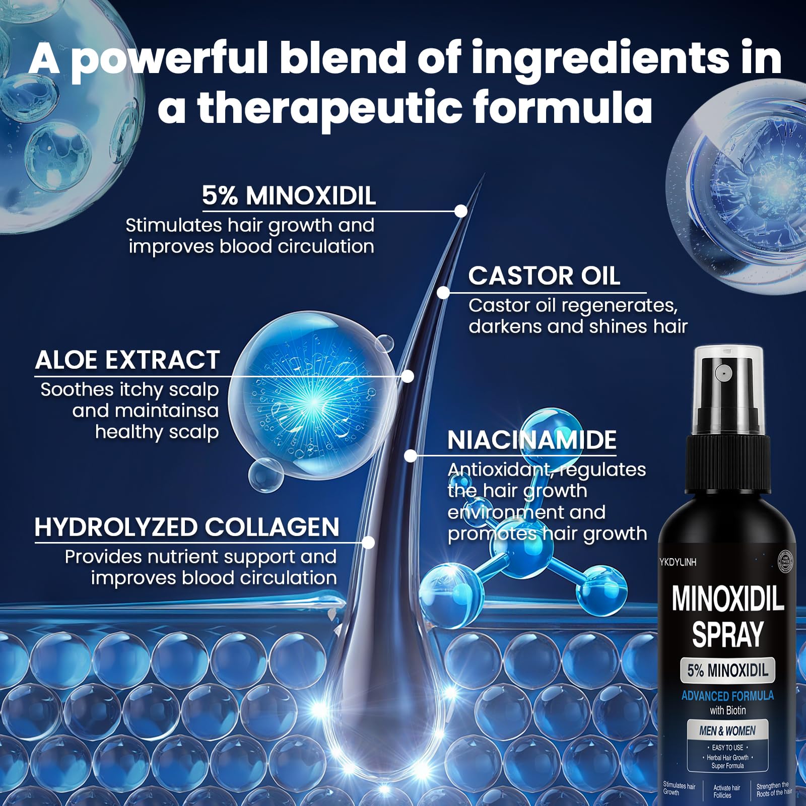 YKDYLINH Minoxidil spray application on scalp demonstrating quick absorption and coverage
