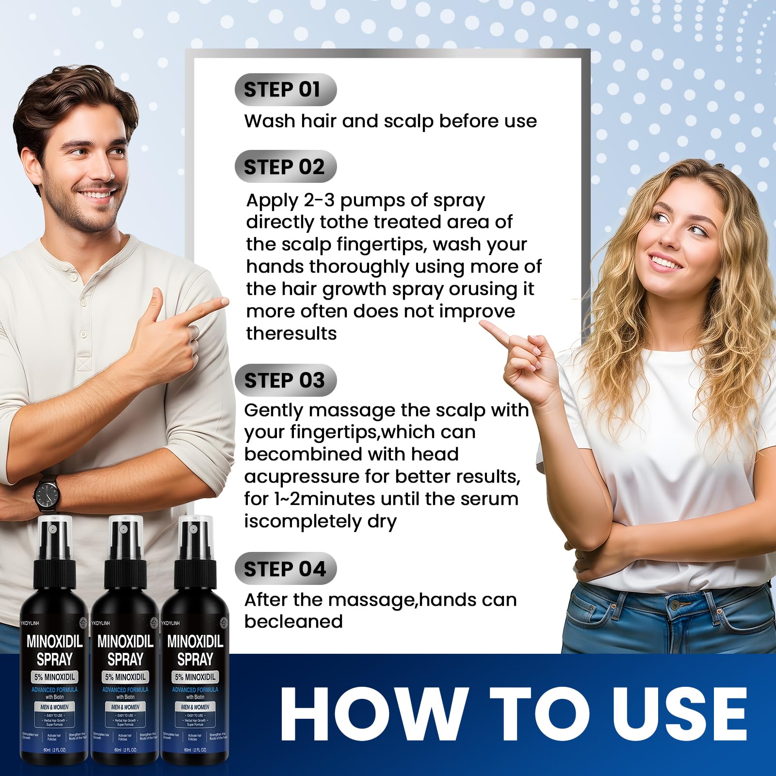 YKDYLINH lifestyle shot of user applying Minoxidil spray for hair growth routine