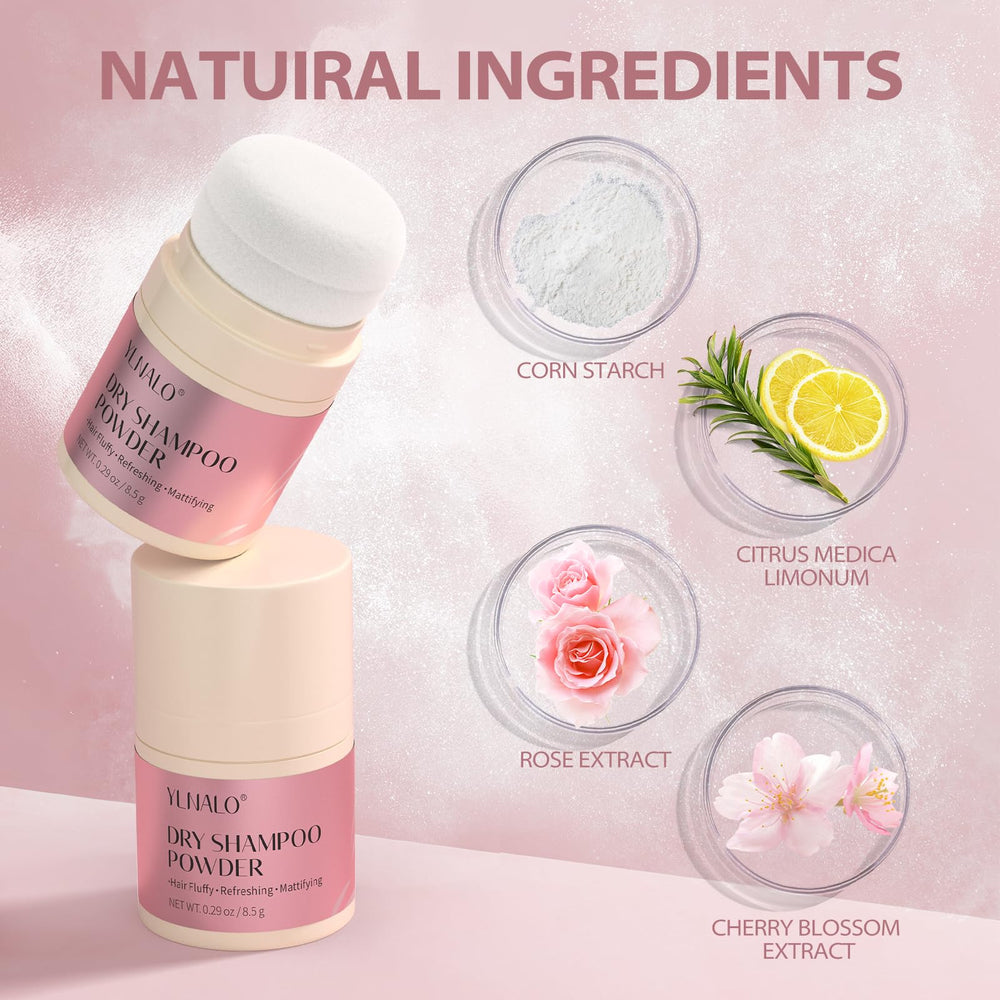 YLNALO Dry Shampoo Powder application shot showing shake and pat method for added volume